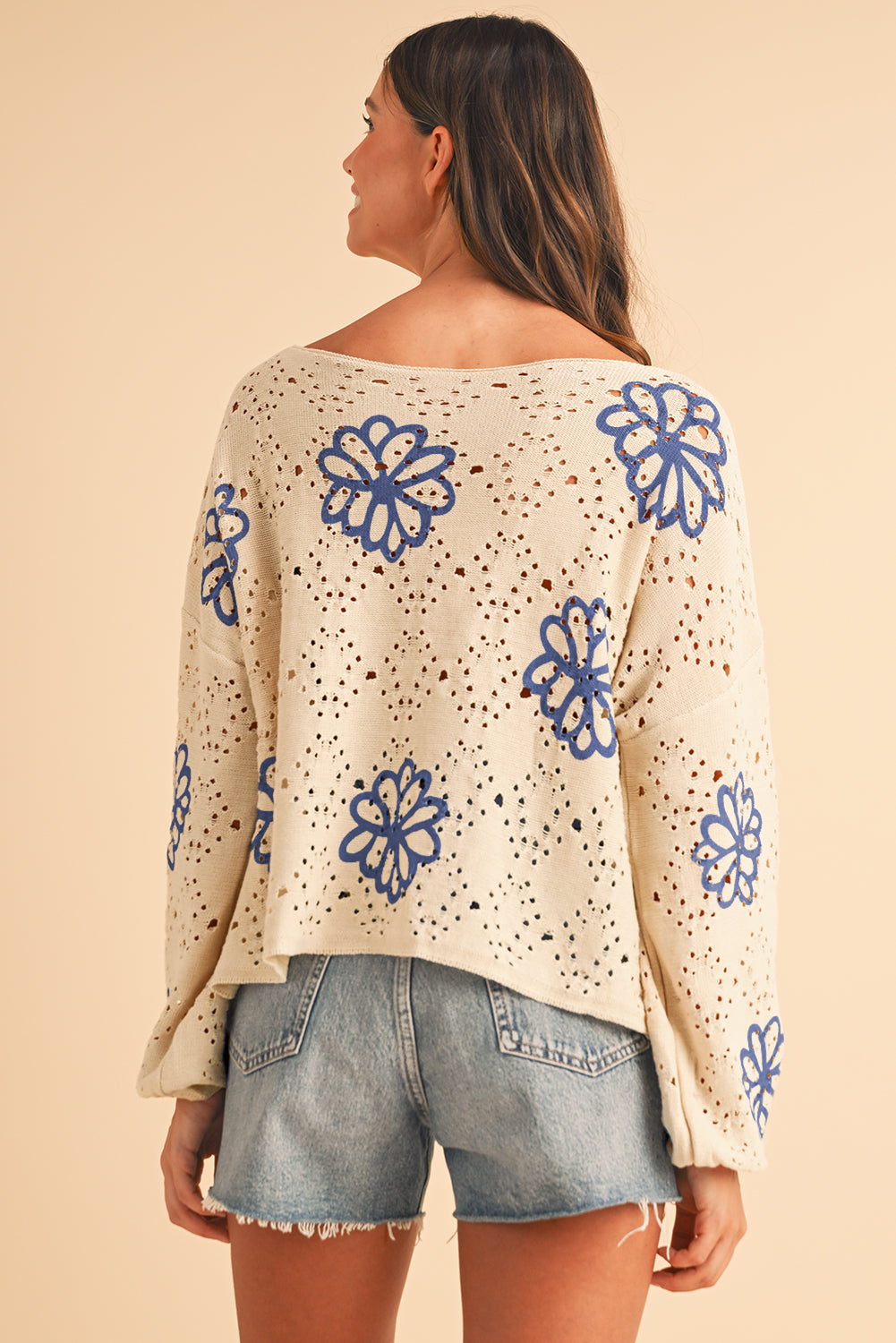 Beige Flower Print Drop Shoulder Hollow Knit Sweater Knit Tops 62efa65341ff9813