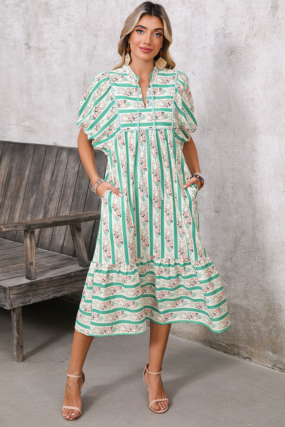 Multicolor Boho Floral Striped Tie V Neck Long Dress Midi Dresses 6320365de8ad7eac