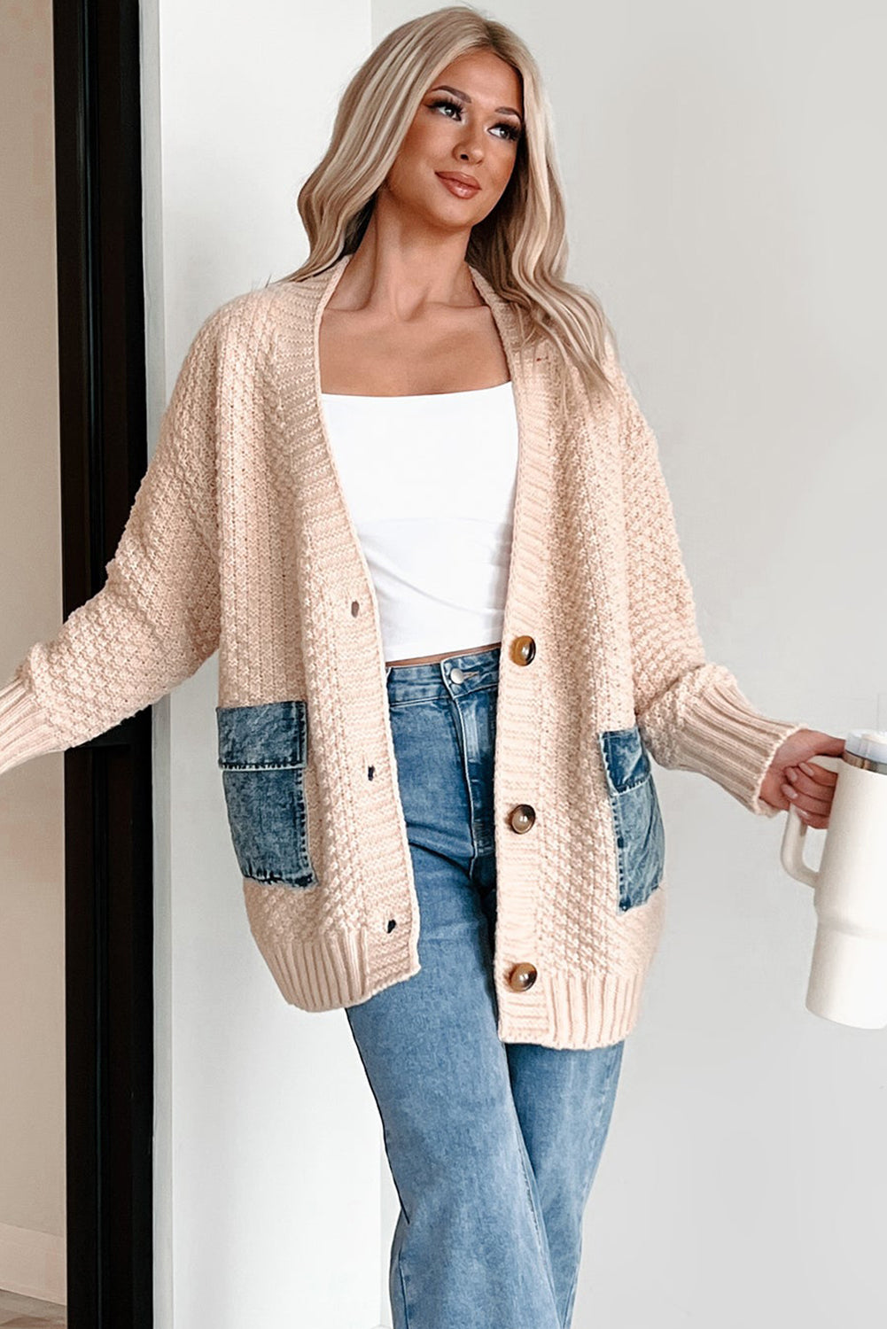 Smoke Gray Open Front Knitted Denim Pocket Patchwork Cardigan Cardigans 63d74b2091a717b4