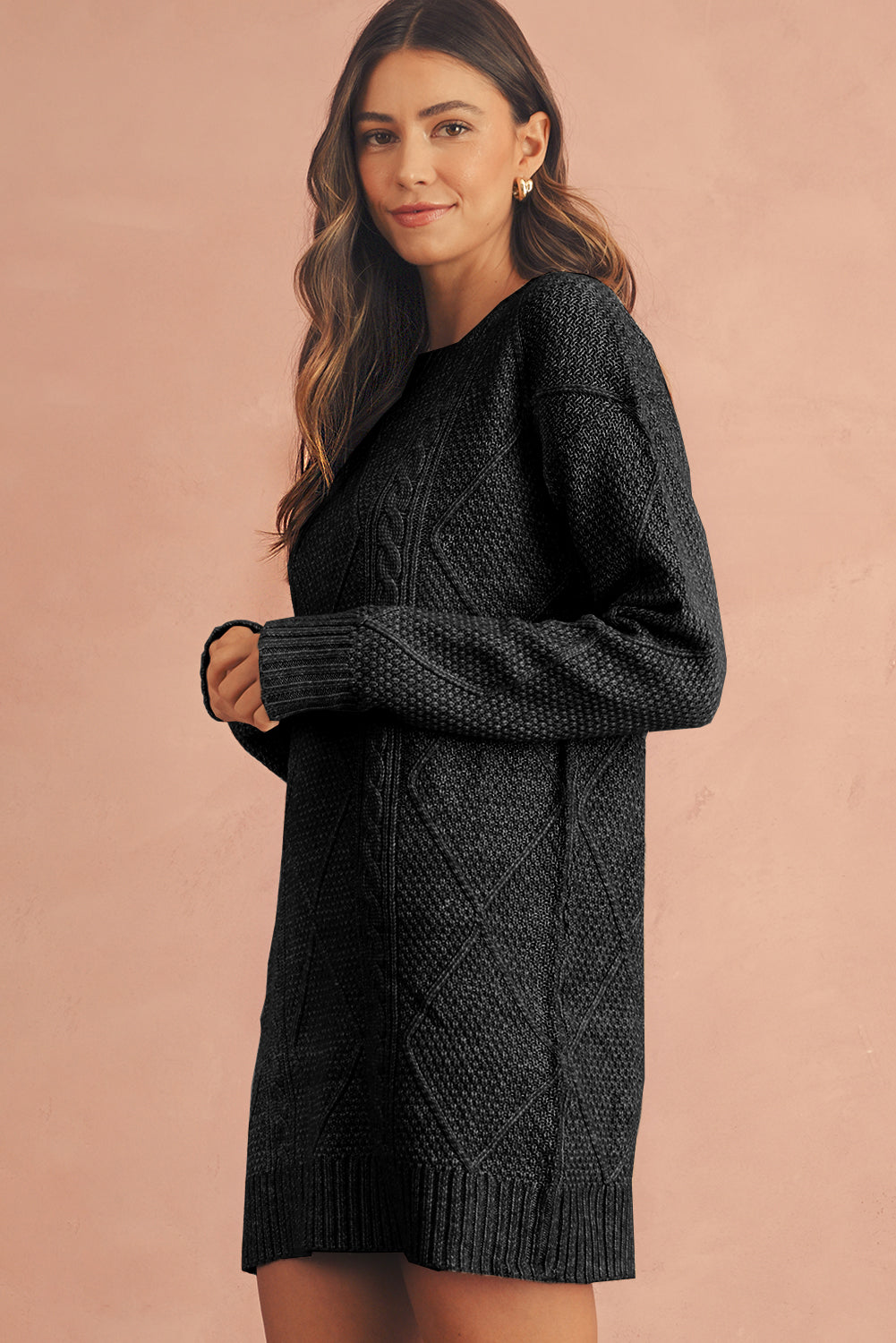 Mist Green Twist Cable Knit Drop Shoulder Loose Fit Sweater Dress Sweater Dresses 63d798ee25c8a9ff
