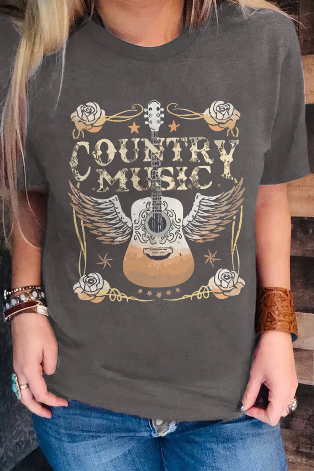 Gray COUNTRY MUSIC Guitar Graphic Print Crew Neck T Shirt Graphic Tees 63f9661345c8bc30