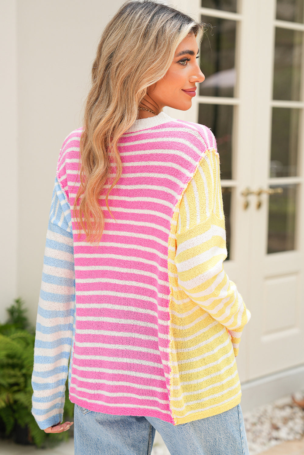 Multicolour Colorblock Striped Patchwork Dolman Sleeve Slit Sweater Sweaters 640070086cb50821