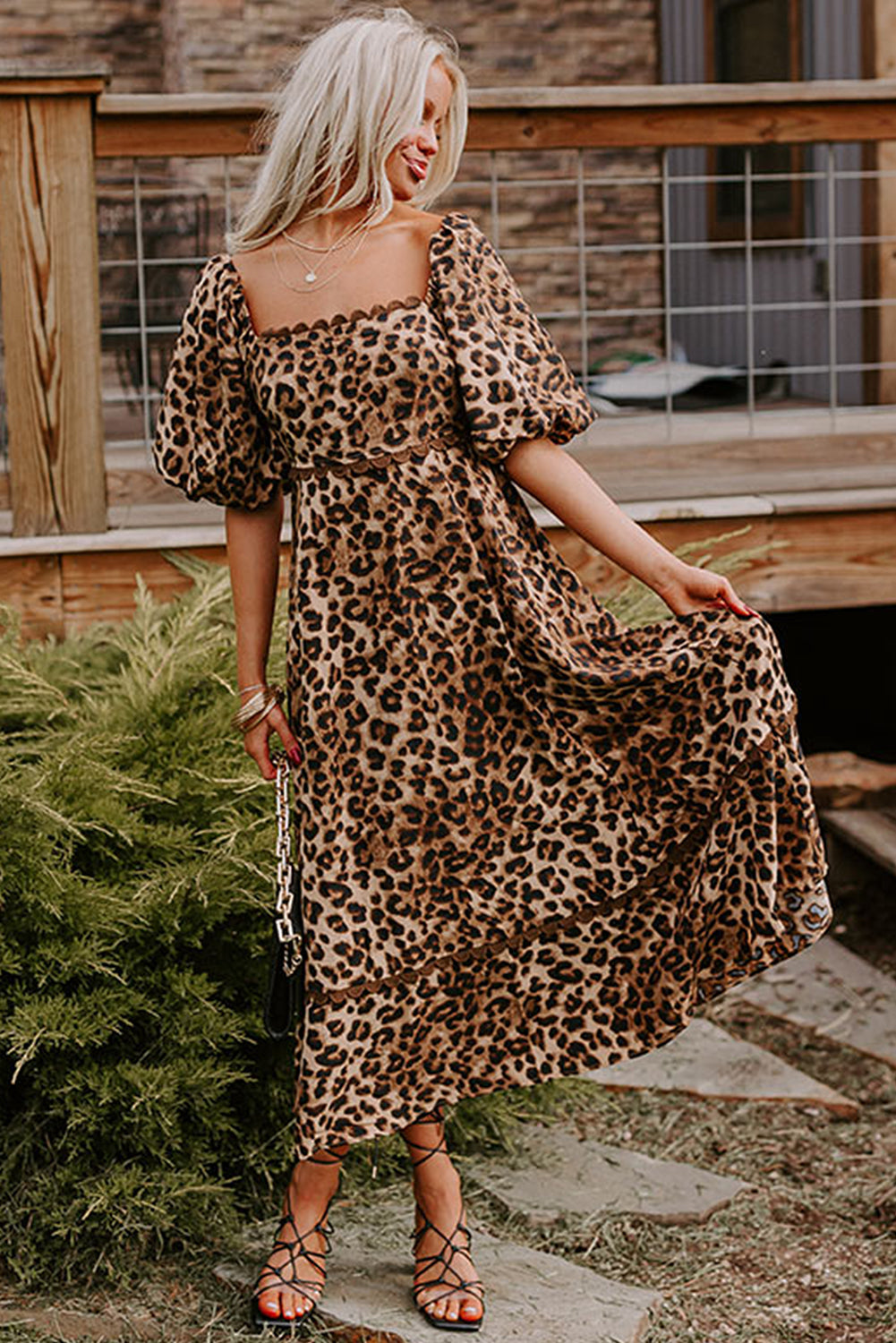 Brown Leopard Print Puff Sleeve Ricrac Maxi Dress Maxi Dresses 64206d0c7d09e703