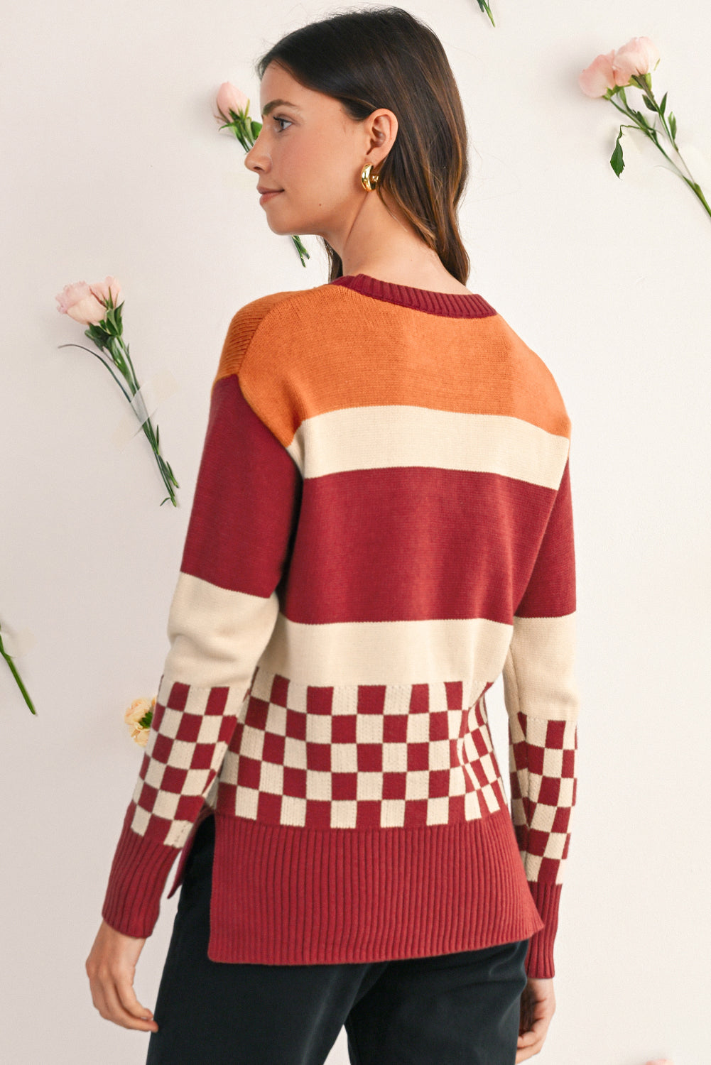 Brown Checkered Colorblock Knitted Drop Shoulder Sweater Sweaters 6463d42039501081
