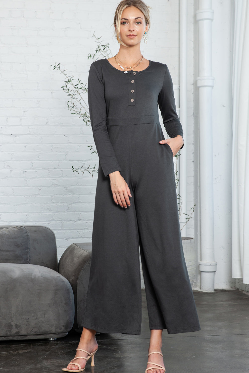 Dark Grey Henley Long Sleeve Wide Leg Jumpsuit with Pockets Jumpsuits 6468a1f28bedf8f1