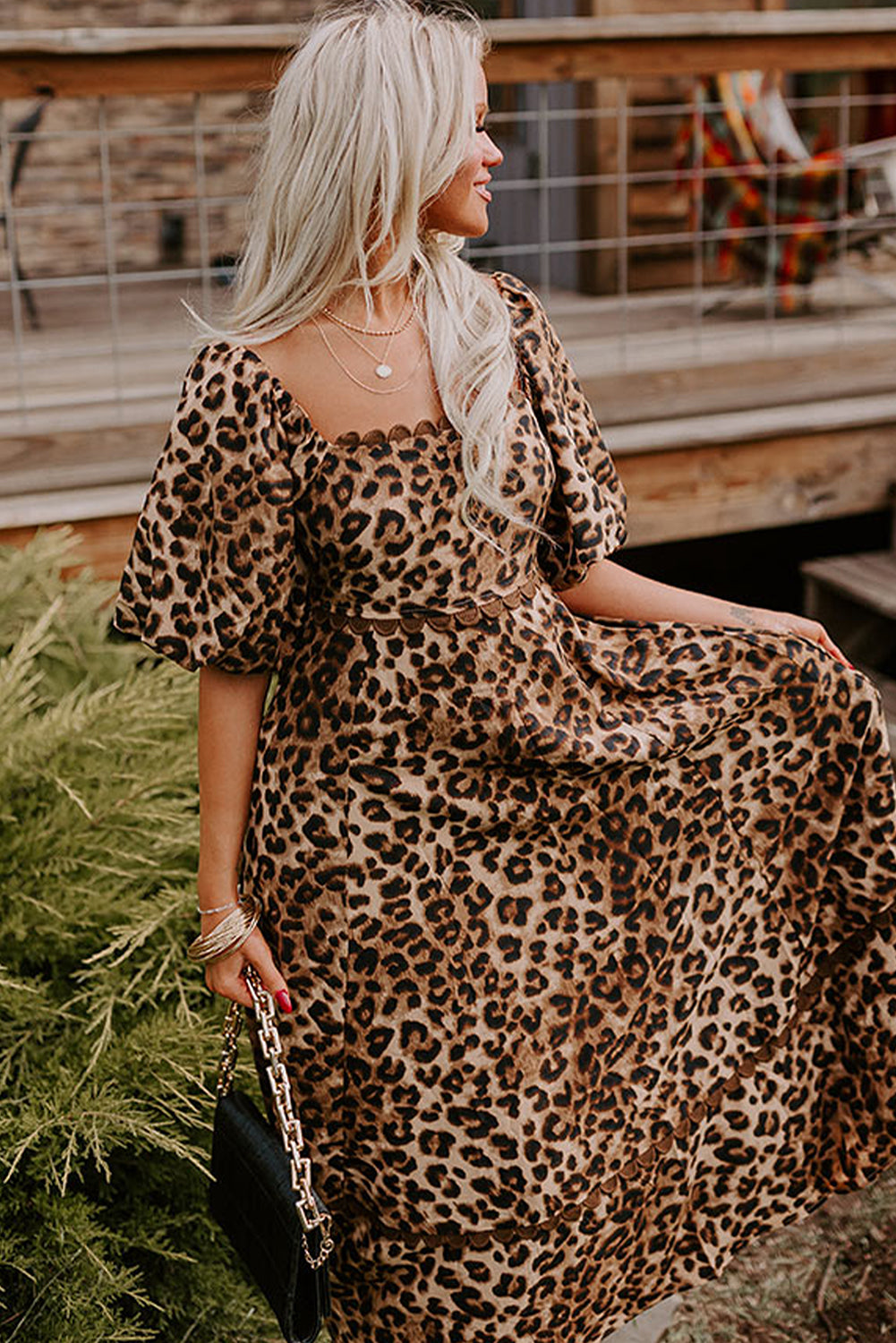 Brown Leopard Print Puff Sleeve Ricrac Maxi Dress Maxi Dresses 64b77939409f21c1