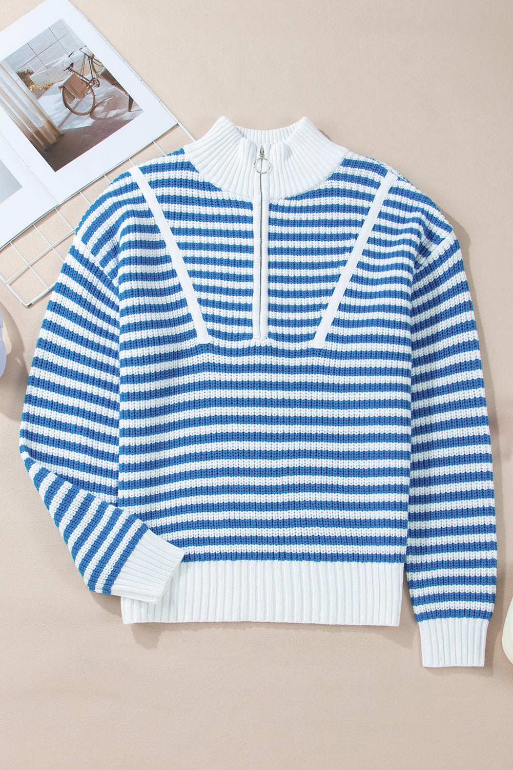 Sky Blue Stripe Zip up Collar Drop Sleeve Sweater Sweaters 64bfe460a2db5978