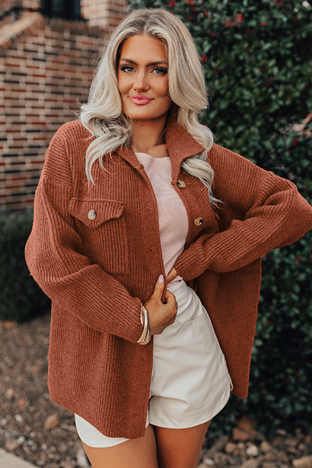 Medium Grey Ribbed Knit Buttons Front Flap Pocket Casual Shacket Jackets 64e493cd5fc546aa