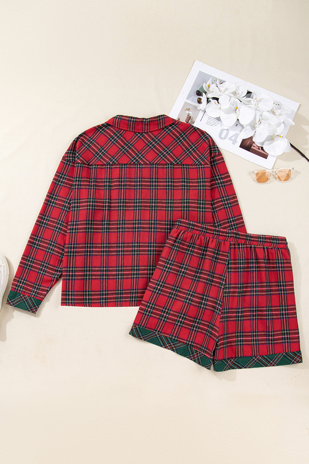 Red Plus Size Plaid Patchwork Long Sleeve Shirt and Shorts Pajama Set Plus Size Matching Sets 64e8ba059c788e06