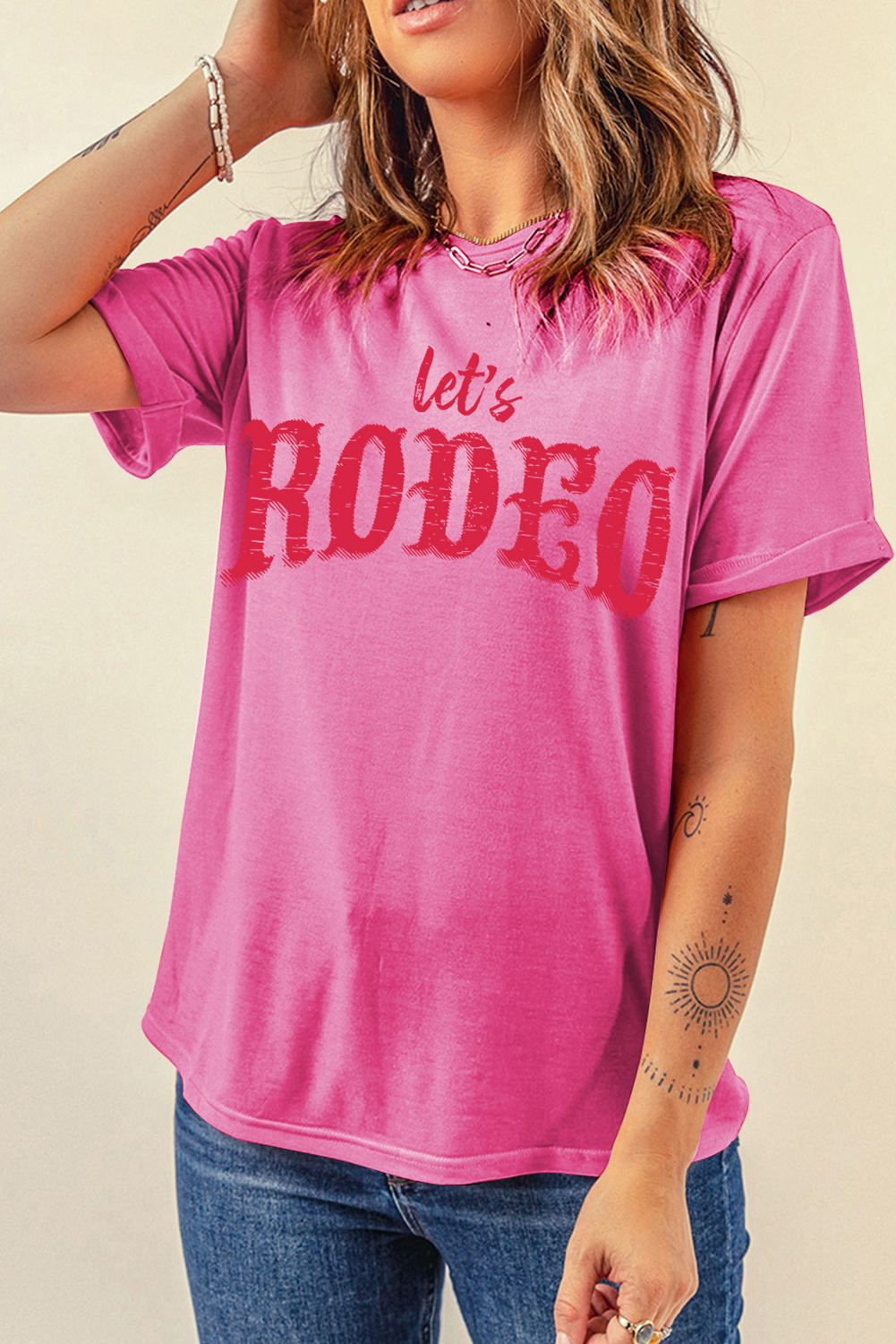 Rose Red Lets Rodeo Crew Neck Heat Transfer Printing Graphic Tee Graphic Tees 6548c2a78d393561