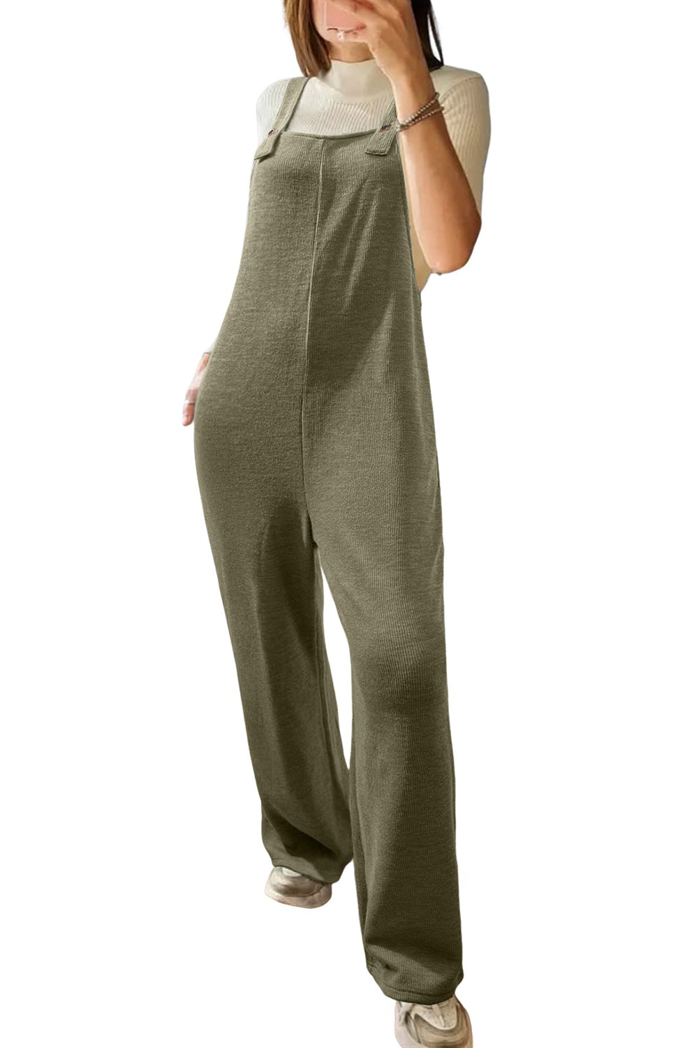 Laurel Green Solid Color Knit Loose Straight Leg Casual Overall Jumpsuit Jumpsuits 65589556355f3044