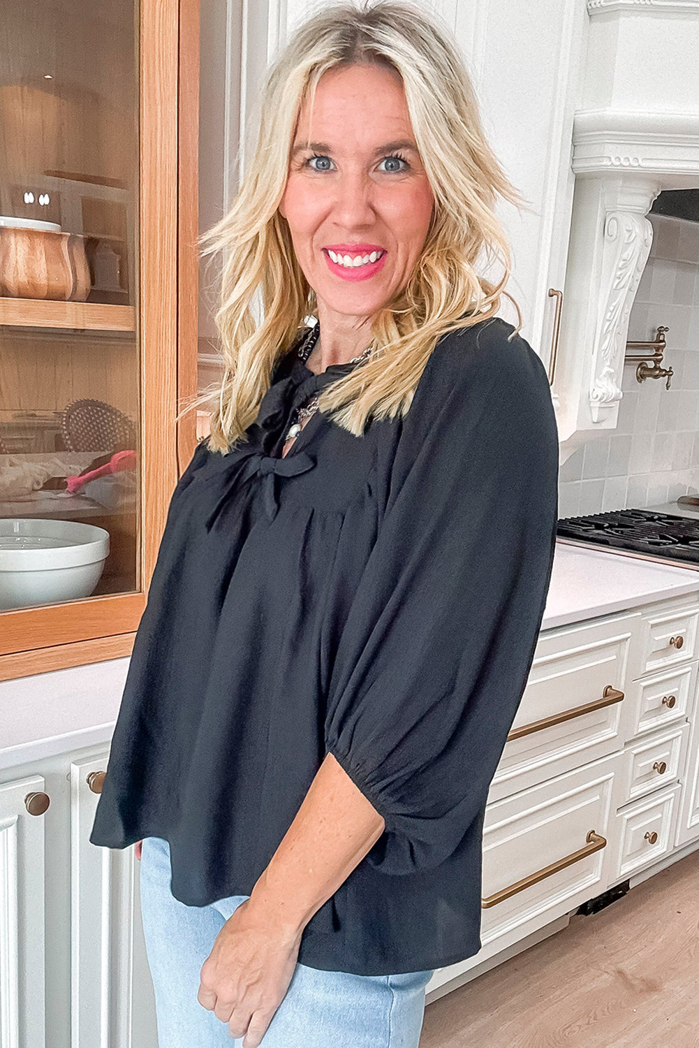 Black Bow Tie Neck 3/4 Sleeve Casual Blouse Blouses 65a479404532e84c