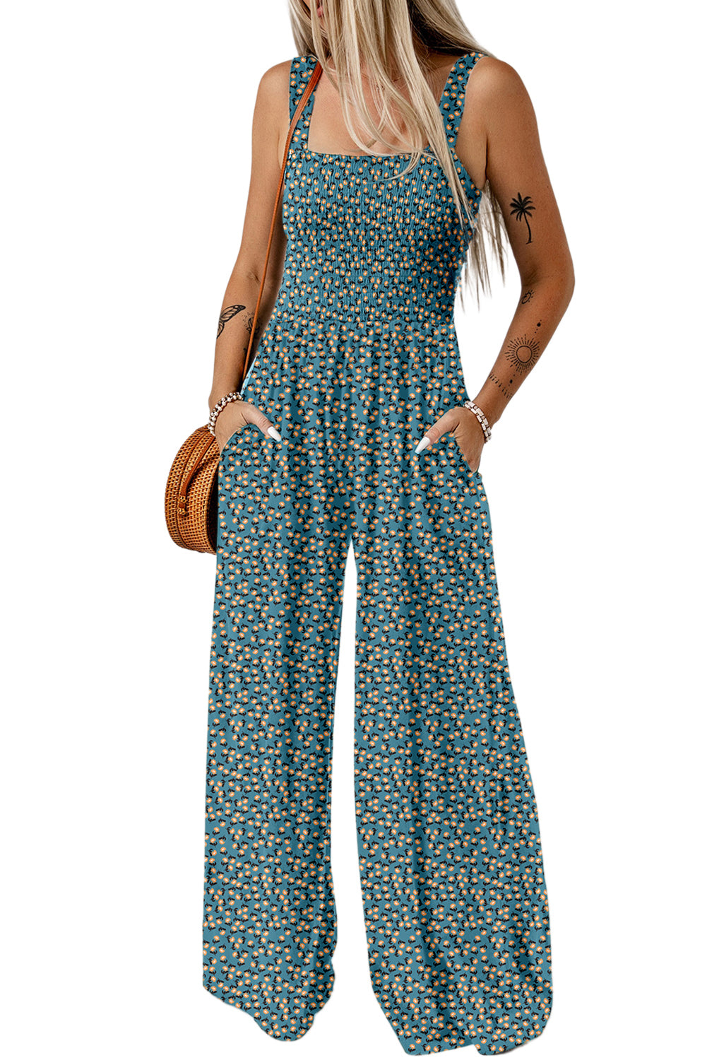 Green Floral Square Neckline Stretch High Waist Jumpsuit Jumpsuits 65cc35dd0e69e9f0