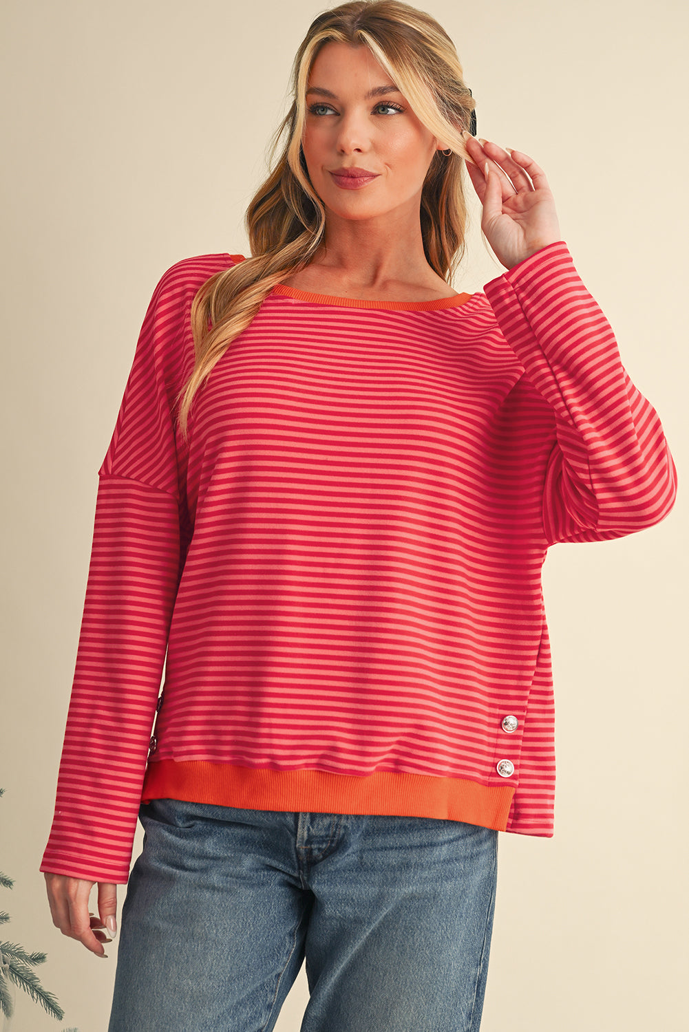 Tomato Red Two Tone Striped Side Buttons Drop Shoulder Top Long Sleeve Tops 65e787c49168fa8f