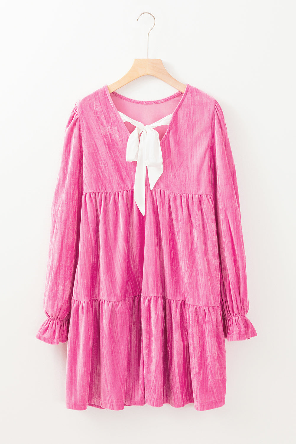Strawberry Pink Flounce Sleeve Tiered Ruffled Velvet Mini Dress Short Dresses 6601afa07b68dad6