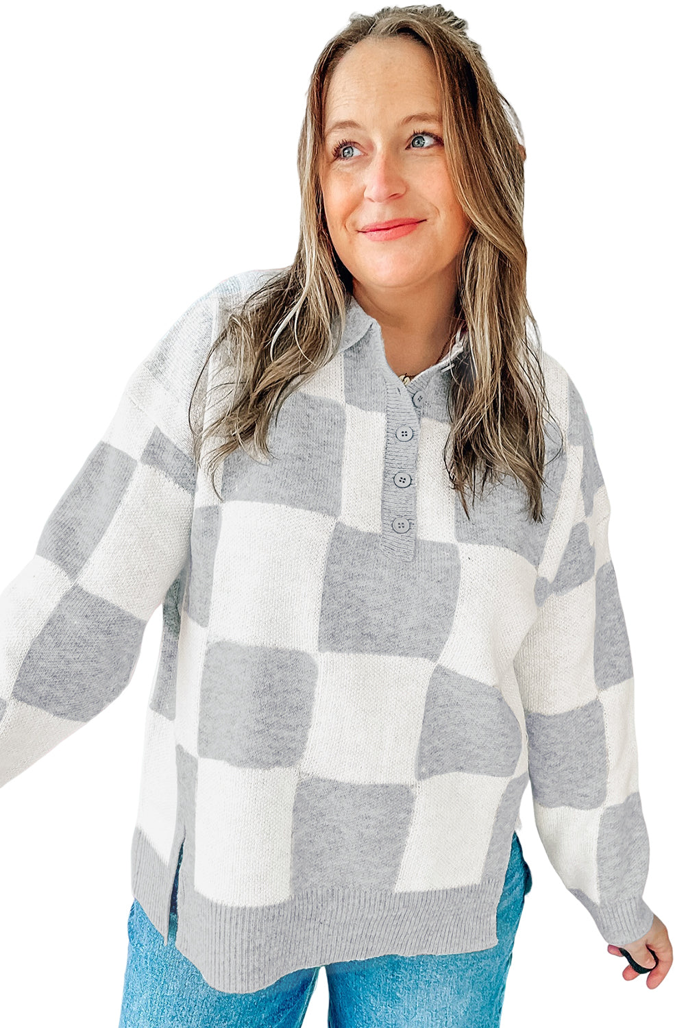 Gray Plus Size Checkered Pattern Button Polo Collar Split Sweater Plus Size Sweaters&Cardigans 6607cc68751d5d2d