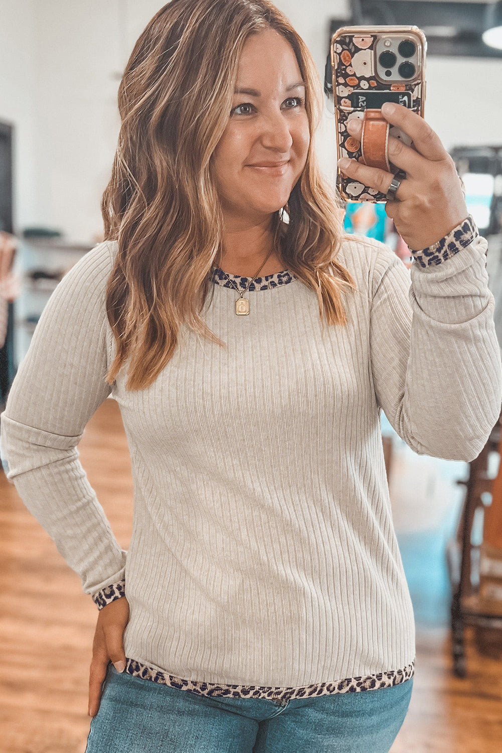 Parchment Ribbed Contrast Leopard Edge Round Neck Plus Size Top Plus Size Tops 662955301bd0b389