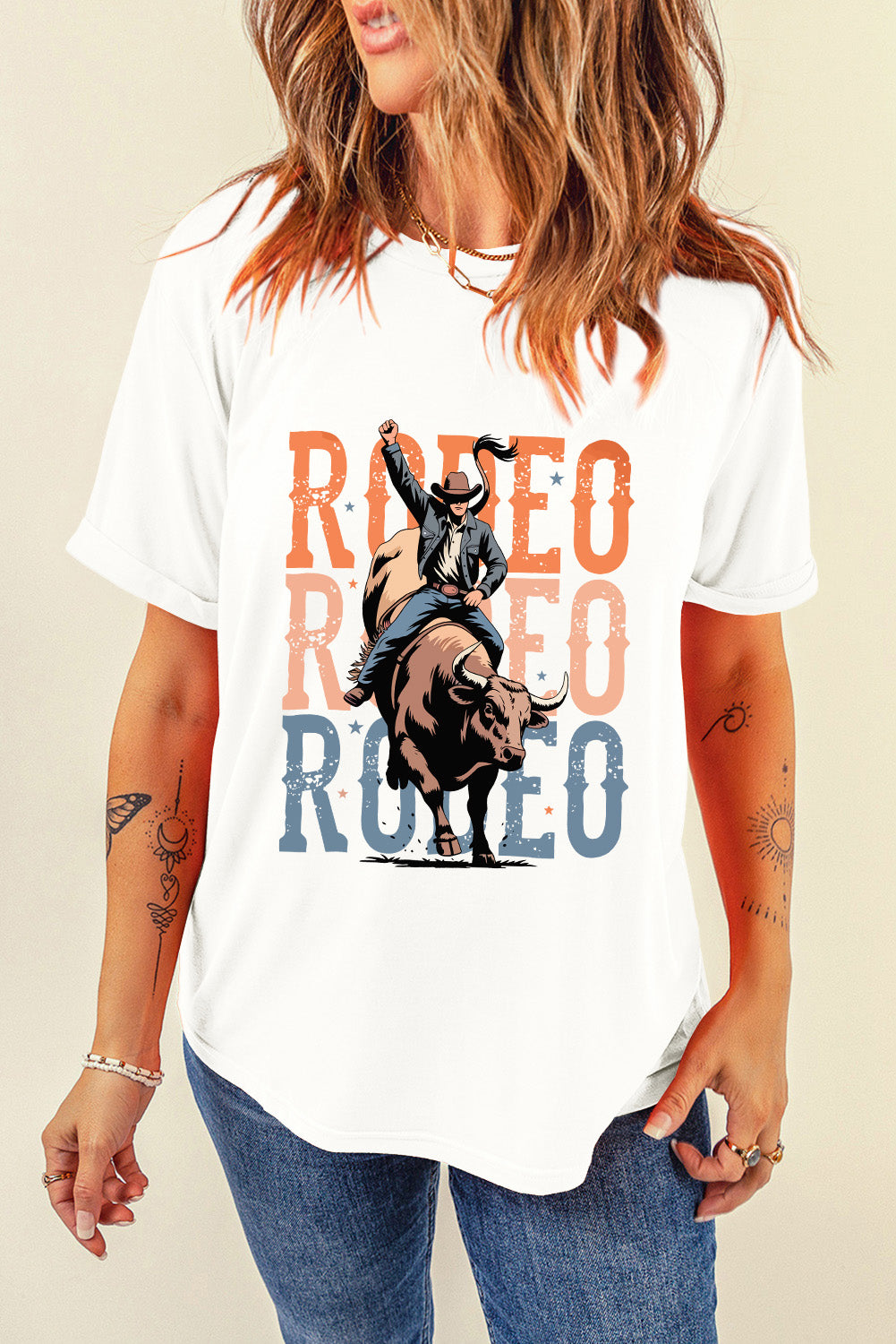 White RODEO Heat Transfer Printing Graphic T Shirt Graphic Tees 664254642b96587c