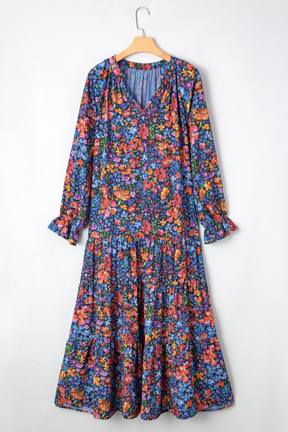 Blue Floral Print V Neck Long Sleeve Flowy Maxi Dress Maxi Dresses 665b5bb58645e559