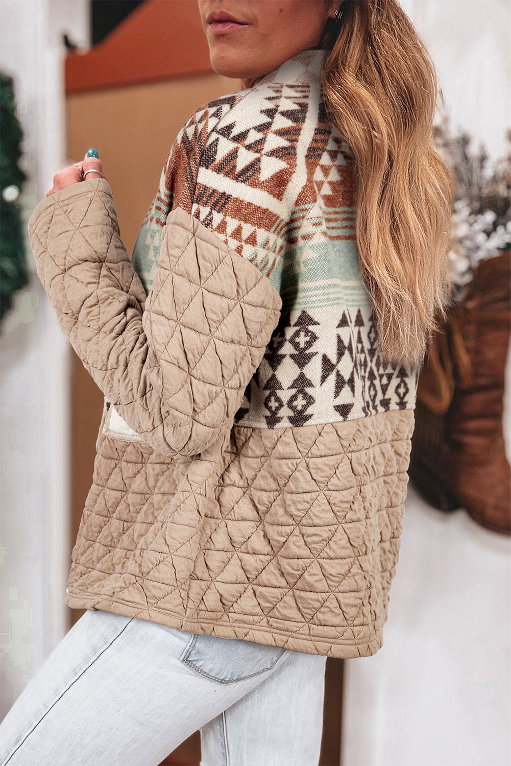 Light French Beige Geometric Quilted Patchwork Vintage Jacket Jackets 66750ee1a05a5c84