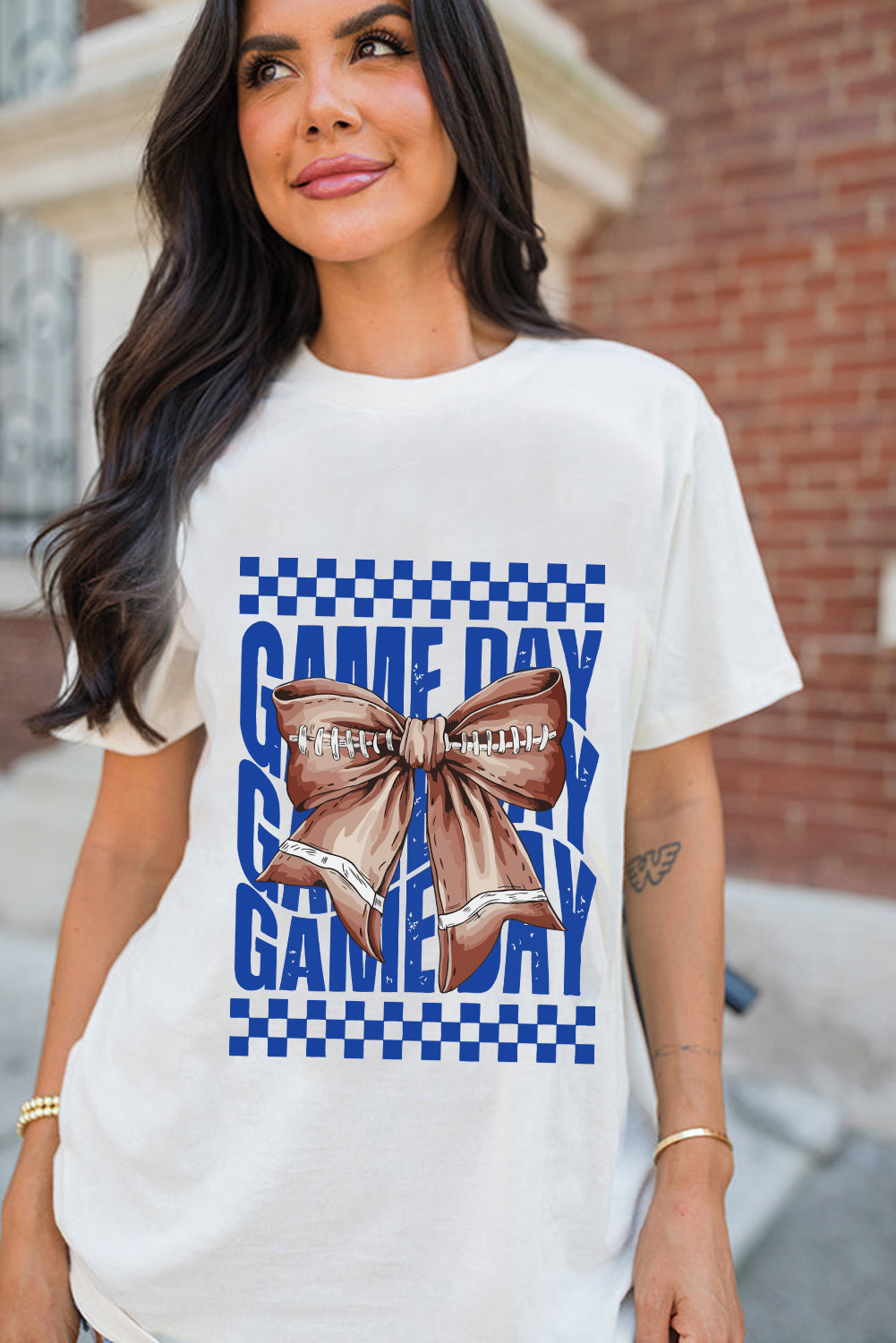 White Football Bow Heat Transfer Printing Game Day Crewneck T Shirt Graphic Tees 66babcc4d1e40400