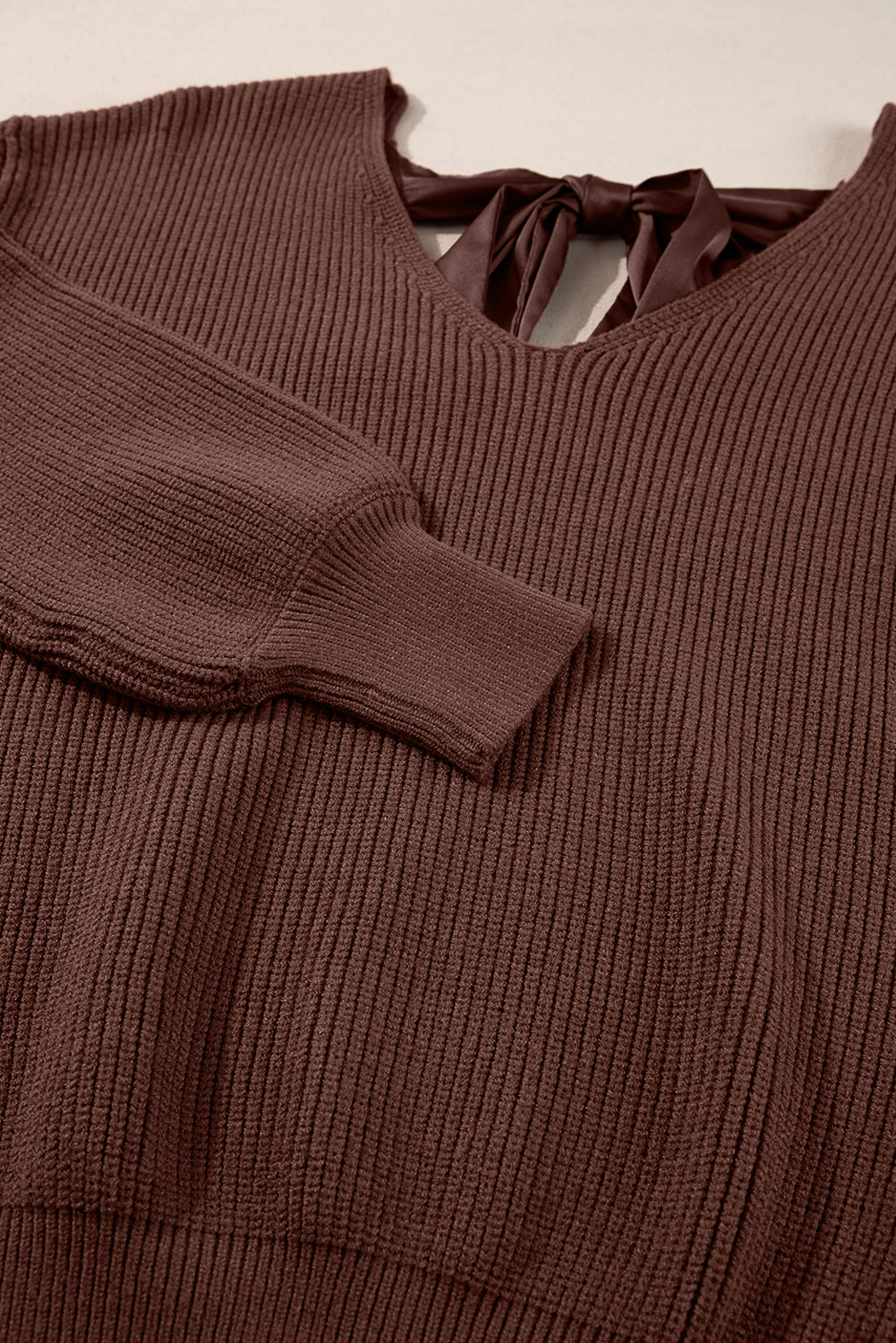 Coffee Lantern Sleeve V Neck Knot Back Sweater Sweaters 66f51e6515ef8603