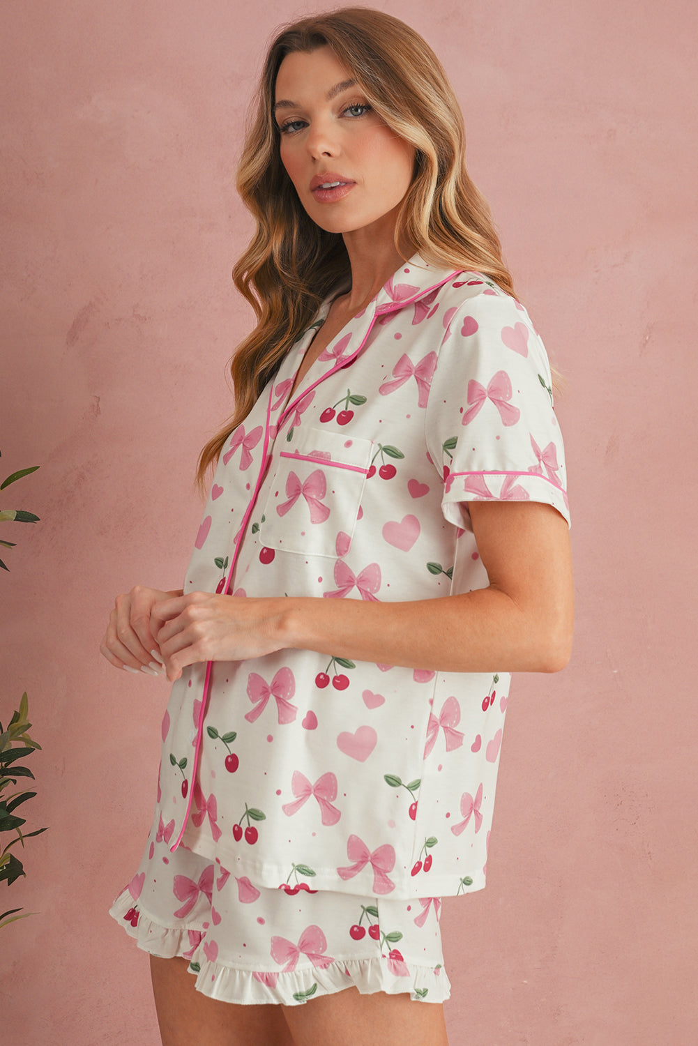 Beige Bow and Cherry Print Ruffle Hem Shorts Pajama Set Two Piece Shorts Sets 673bbe065fb14de2