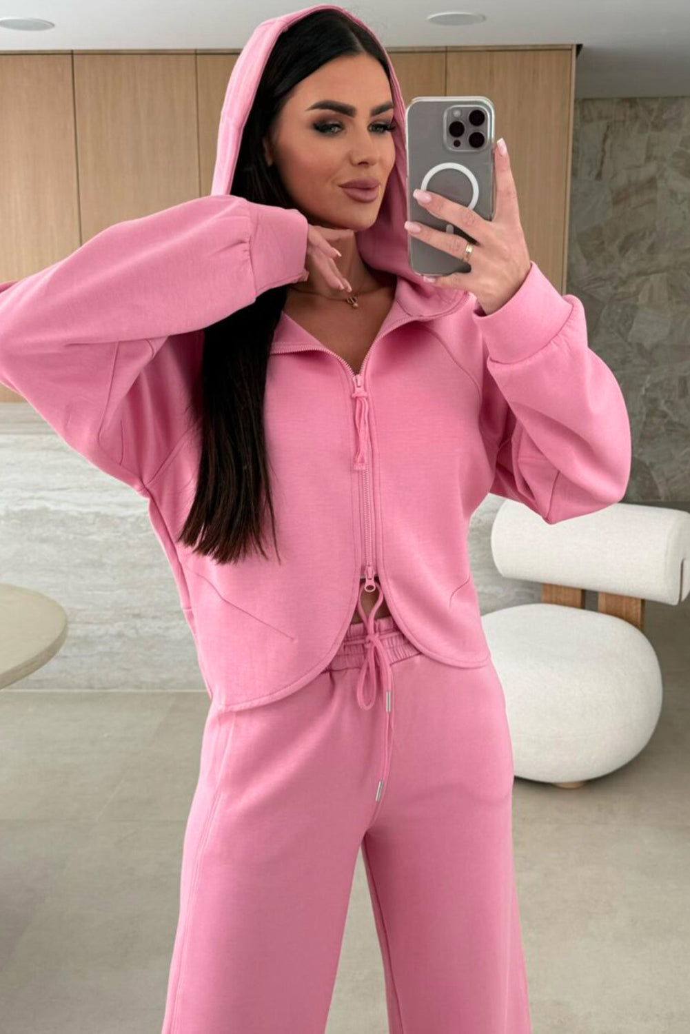 Pink Solid Color Zip Up Hoodie Drawstring Loose Pants Set Two Piece Pants Sets 6743e02051926855