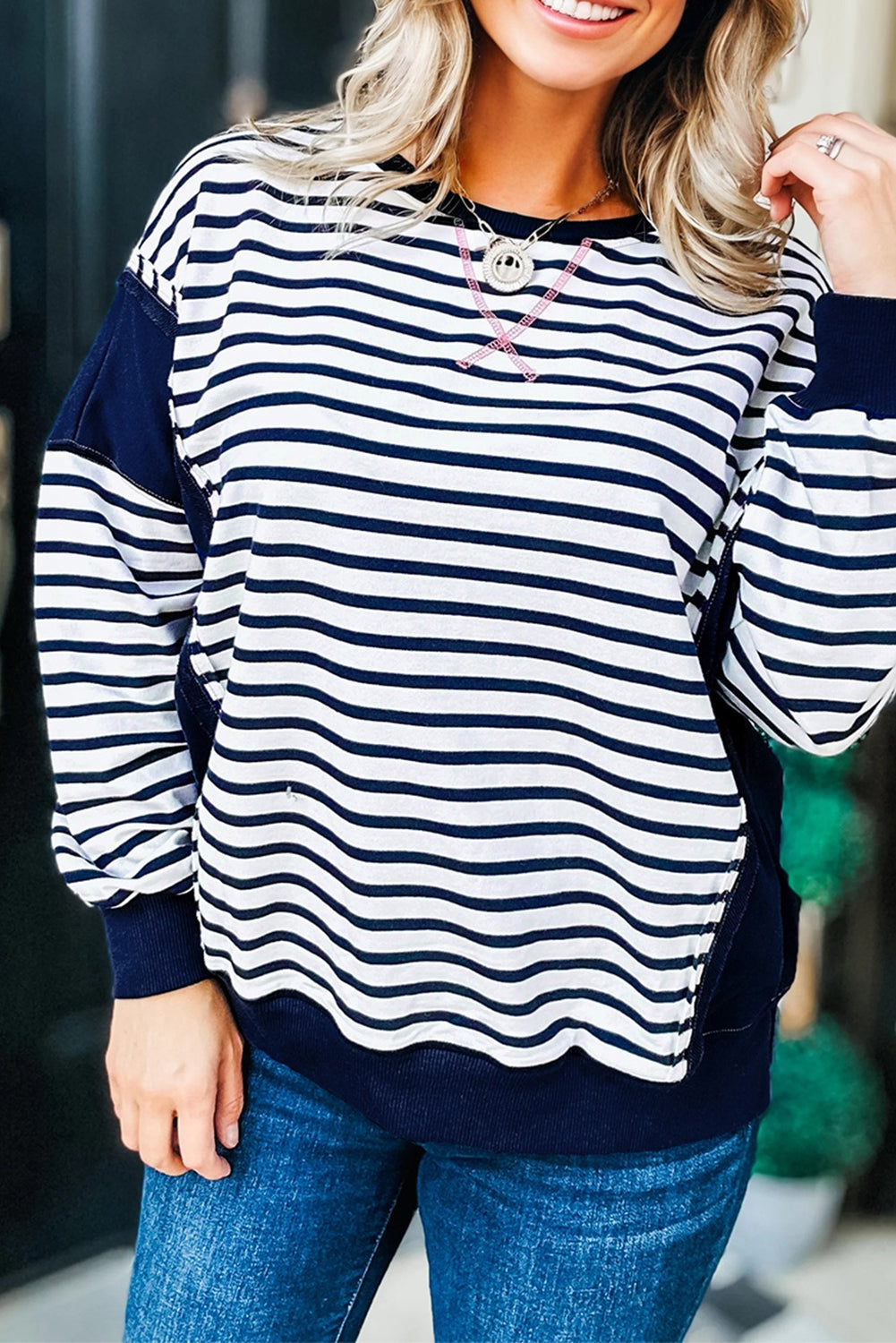 Blue Stripe Contrast Stitched Detail Color Block Patchwork Plus Size Sweatshirt Plus Size Tops 675f94be18ad1819