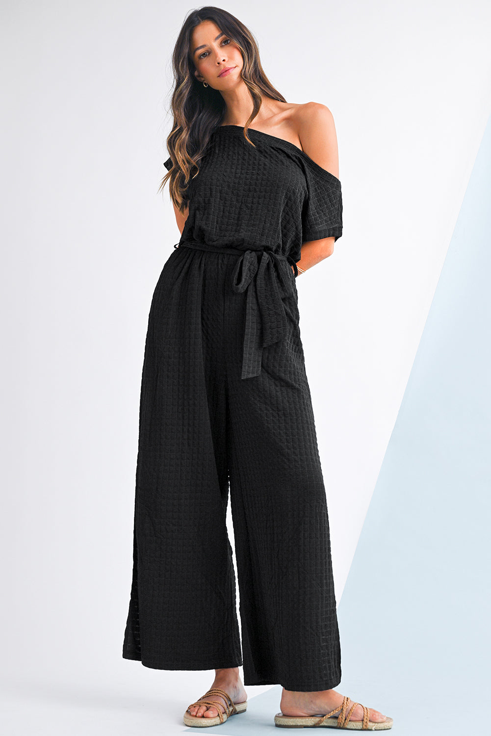 Black Checkered Mesh One Shoulder Short Sleeve Knotted Waist Jumpsuit Jumpsuits 67a728b5b7f6e425