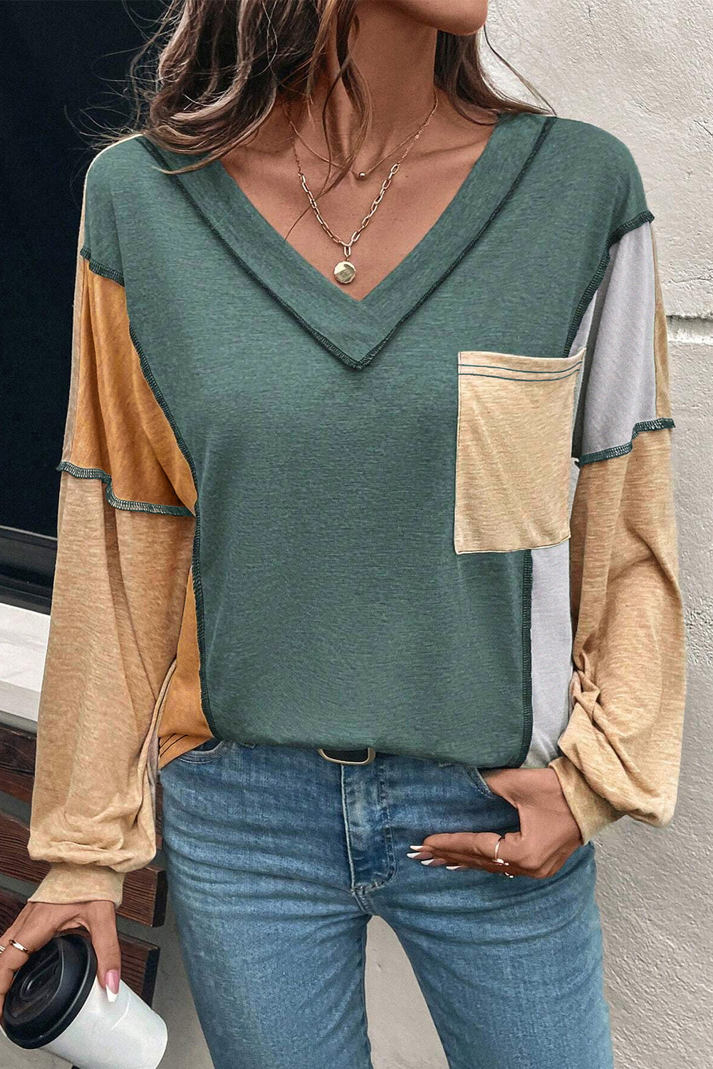 Green Exposed Stitching Colorblock V Neck Long Sleeve Top Long Sleeve Tops 67dc9dc836ac123a