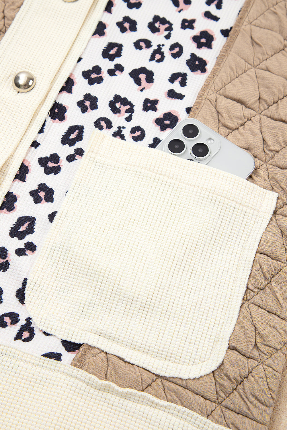 Khaki Leopard Waffle Quilted Patchwork Button Front Jacket Jackets 67e3326262475f14