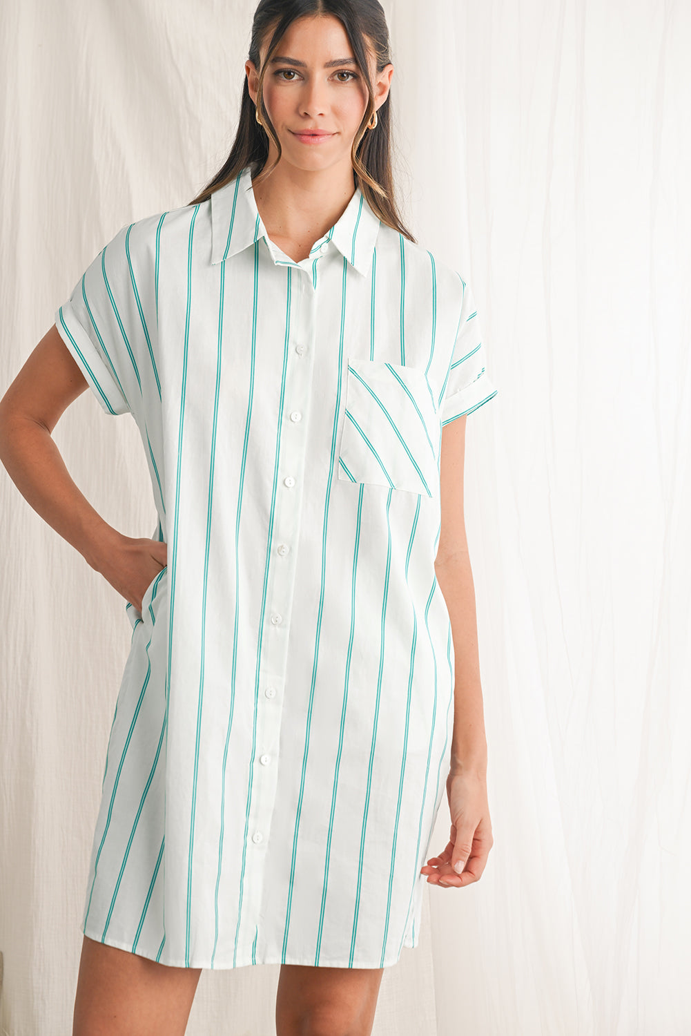 Mint Green Striped Pocket Short Sleeve Mini Dress Short Dresses 67e996c5a7f77e41