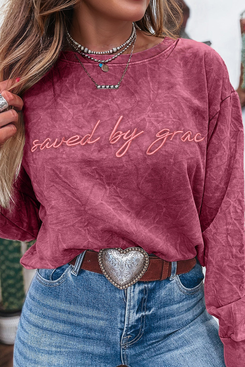 Mineral Red saved by grace Letter Embroidery Mineral Wash Loose Sweatshirt Sweatshirts & Hoodies 67ff575938ec9503