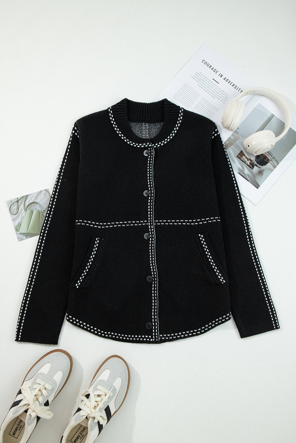 Black Bomber Contrast Trim Snap Button Long Sleeve Cardigan Cardigans 682a05d238269b2c