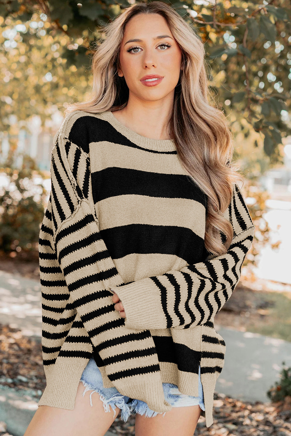 Black Stripe Drop Shoulder Sleeve Patchwork Baggy Sweater Sweaters 6835a1209550a062