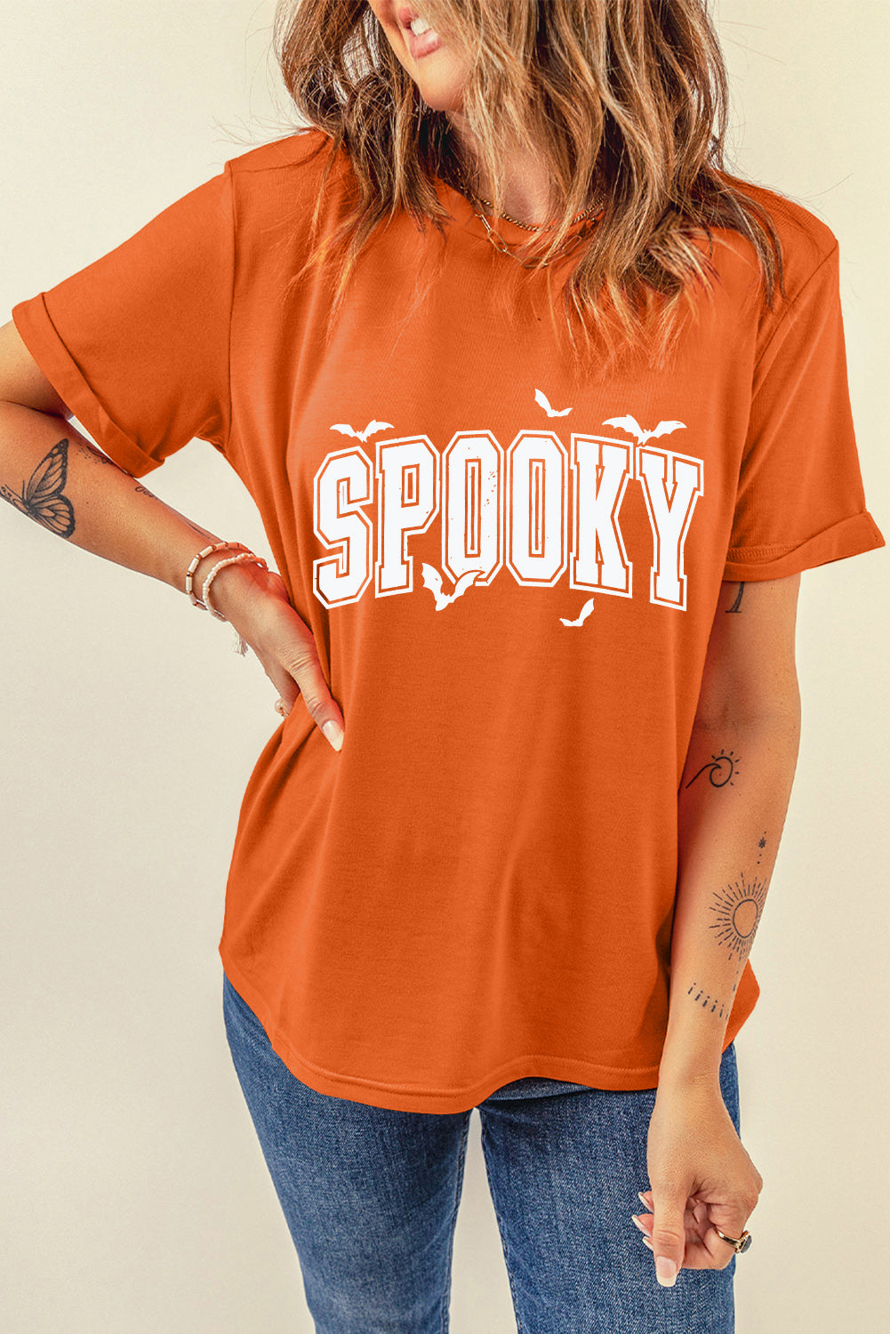 Orange SPOOKY Heat Transfer Printing Crewneck Halloween T Shirt Graphic Tees 6891dbba01f6f3d8