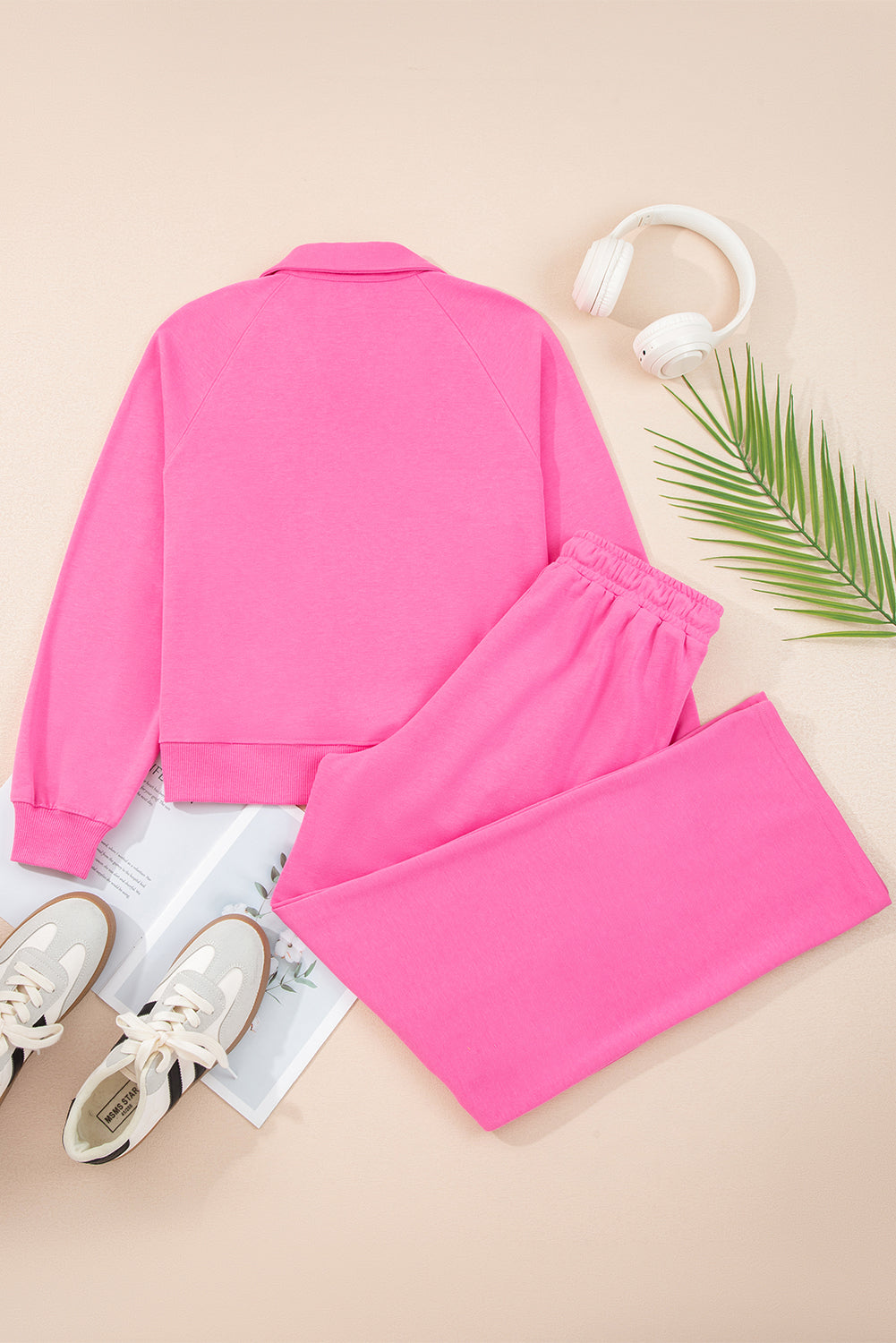 Sachet Pink Solid Color Collared Pullover and Central Seam Pants Set Two Piece Pants Sets 68bf7a3f7c6941f8