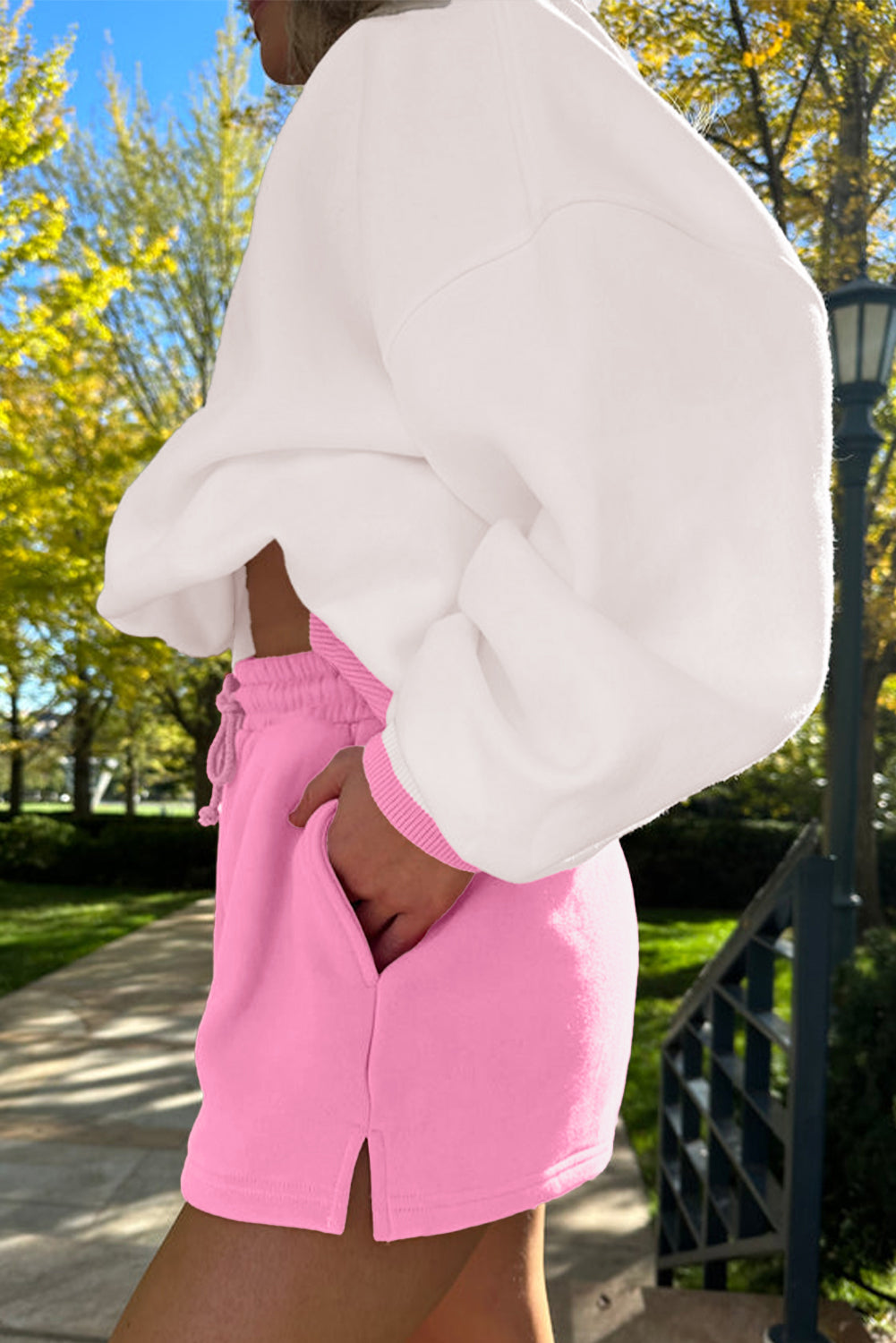 Strawberry Pink Colorblock Pullover and Drawstring Shorts Set Two Piece Shorts Sets 69171262511e555e