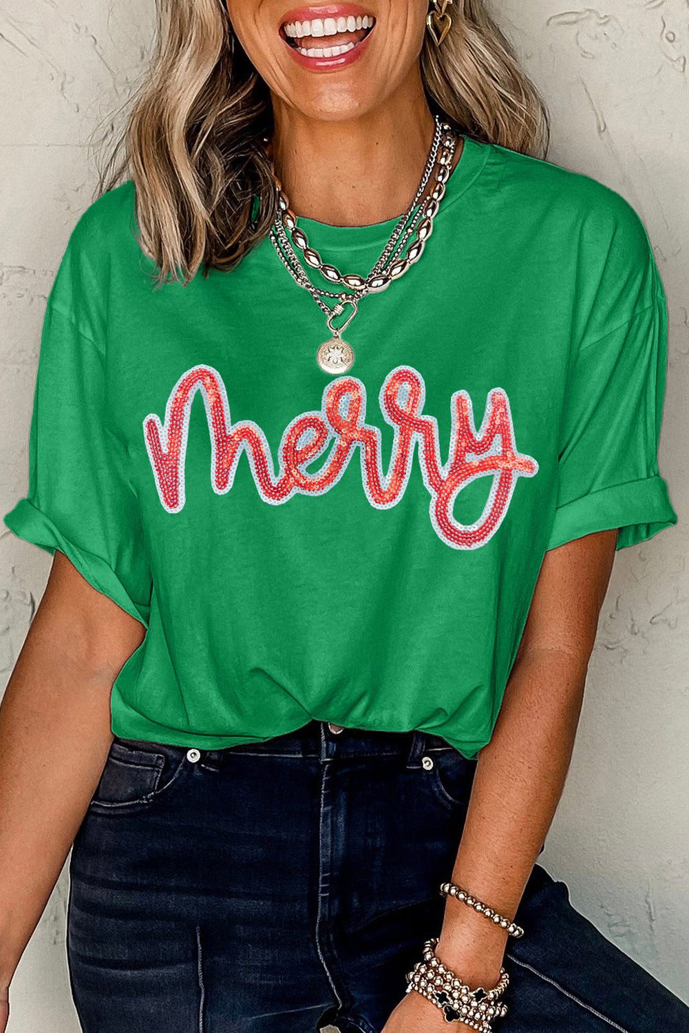 Bright Green merry Letter Sequins Patch Cotton Blend Tee Graphic Tees 6932ede2b7ed65db
