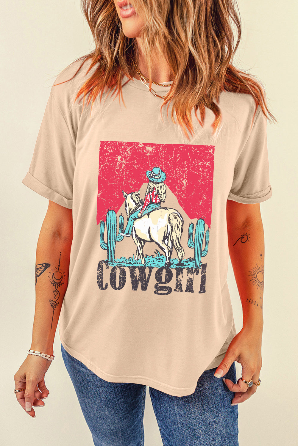 Khaki Cowgirl Slogan Print Rodeo Graphic Tee Graphic Tees 6970b0139d60aa8e