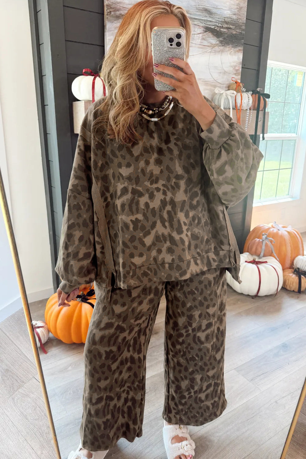 Brown Allover Leopard Print Pullover Drawstring Loose Pants Set Two Piece Pants Sets 6a75e941824b0425