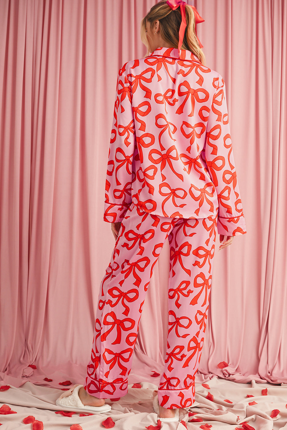 Pink Allover Bow Print Button Up and Loose Pants Pajama Set Loungewear Set 6a97ec3f18797b95
