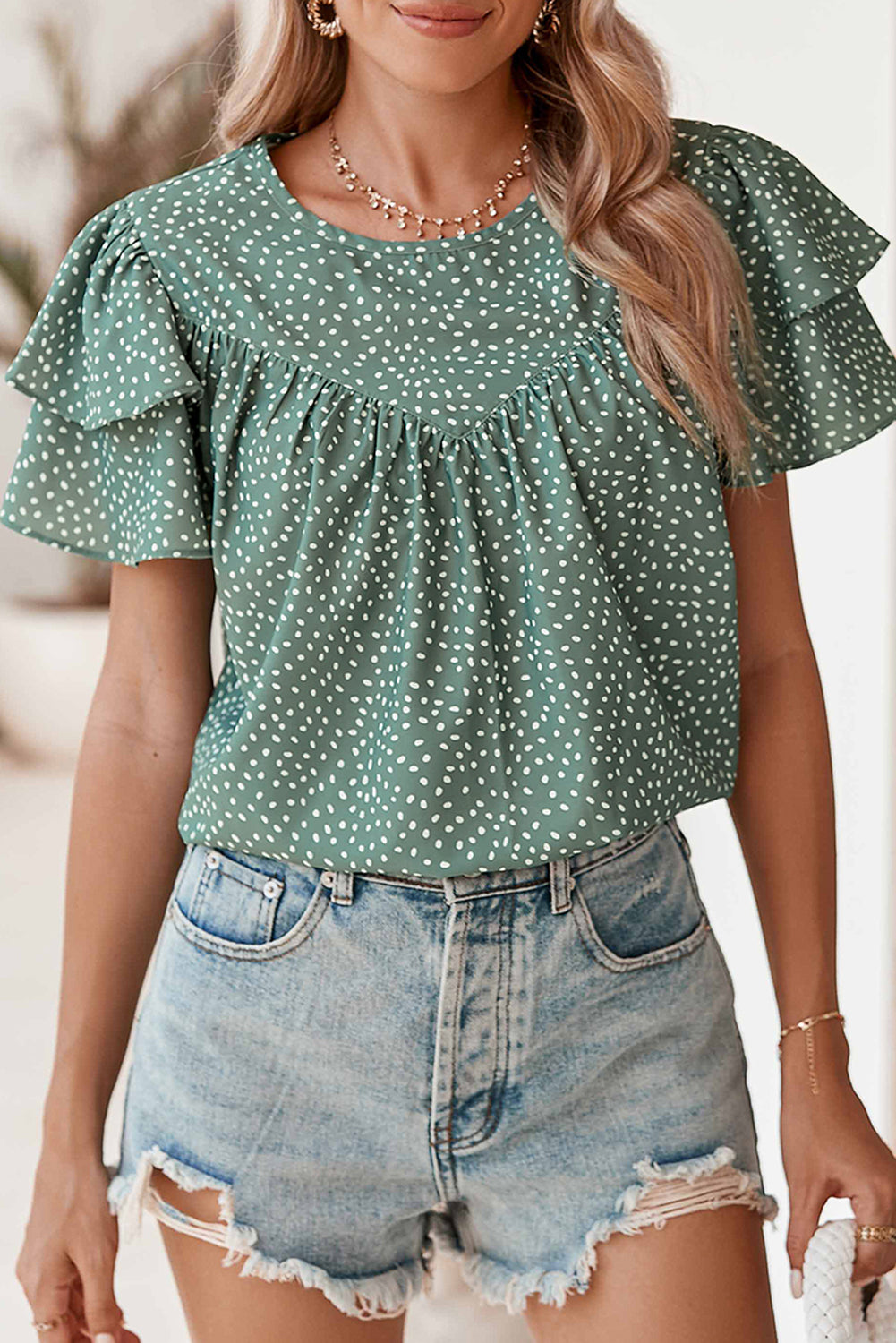 Laurel Green Spotted Print Pleated Ruffle Sleeve Blouse Blouses 6ab36393a3c02d6d