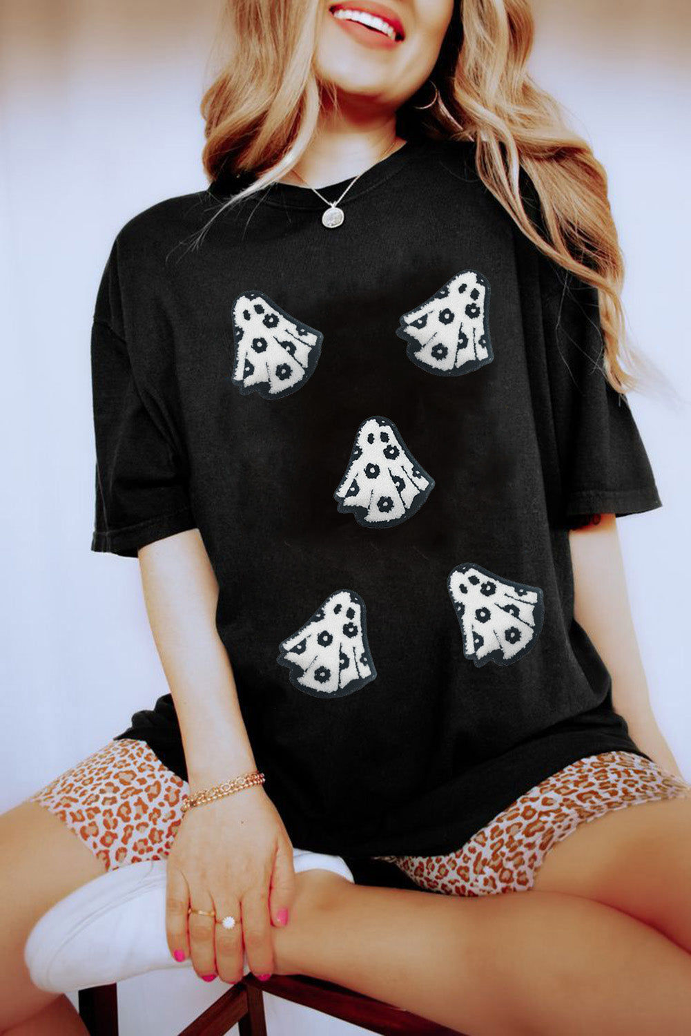 White Halloween Playful Ghost Terry Flocking Cotton Blend T Shirt Graphic Tees 6ab5a61990979676