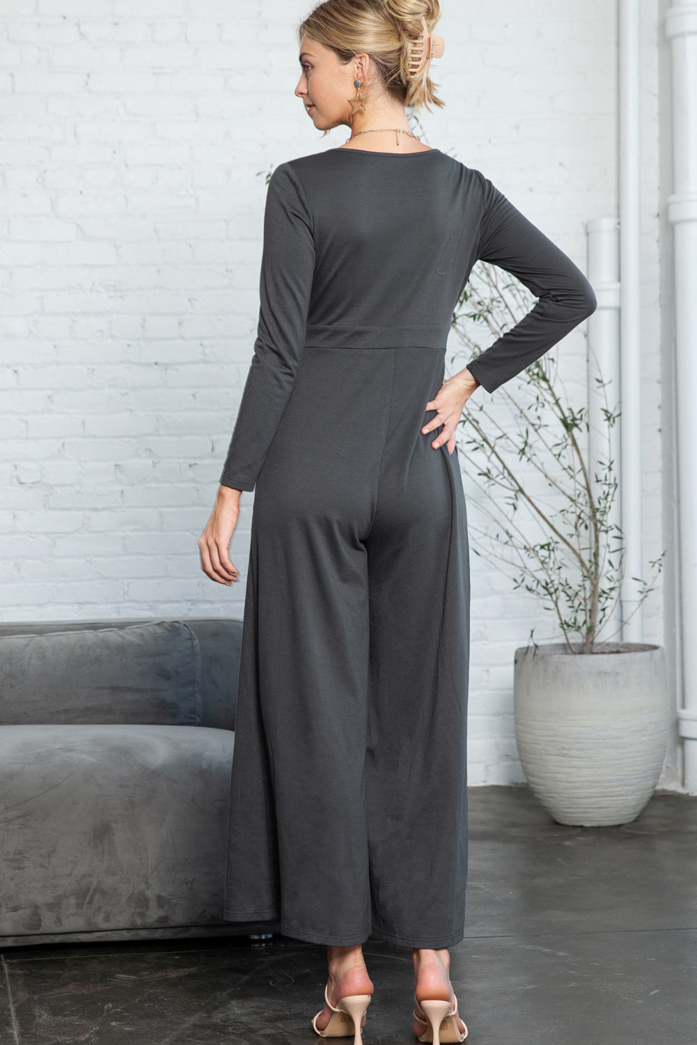Dark Grey Henley Long Sleeve Wide Leg Jumpsuit with Pockets Jumpsuits 6af525edee1d87ad