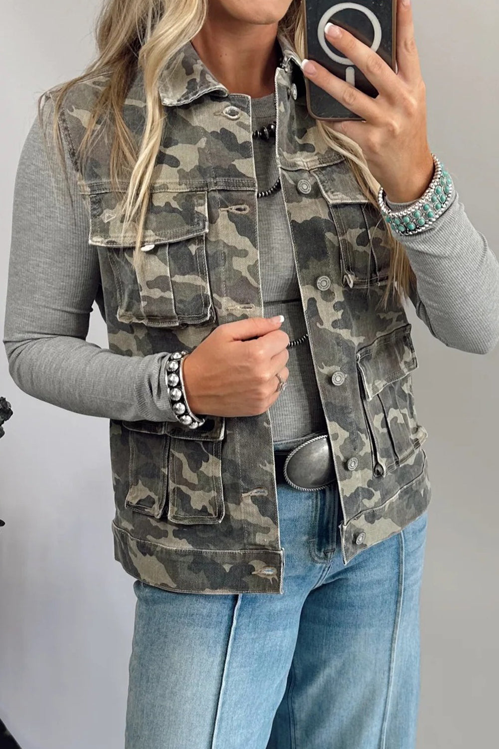 Green Camouflage Print Button Cargo Pocket Button Down Denim Vest Jackets 6b1fa5972cefdc83