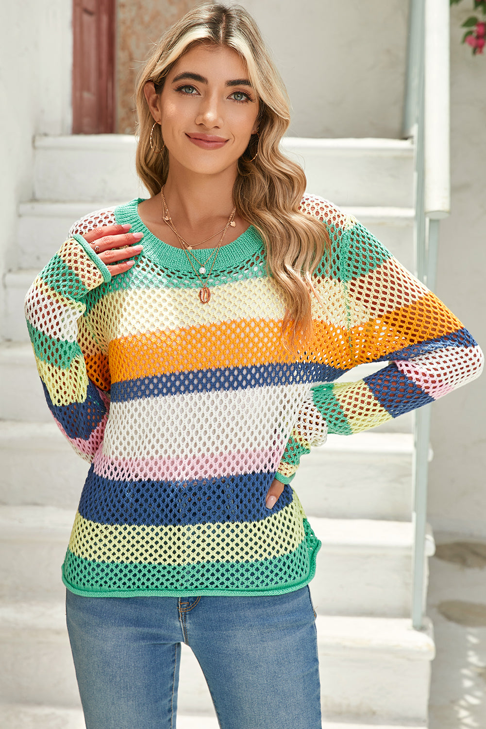 Green Colorblock Striped Hollow Knitted Top Knit Tops 6b21c498dbd64ddd