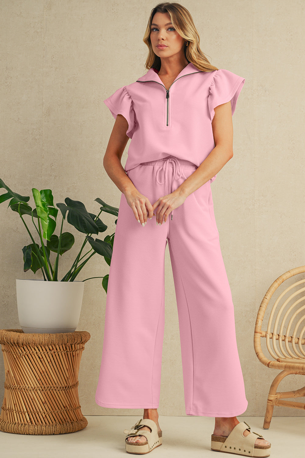 Beau Blue Textured Ruffle Sleeve Zipped Top and Wide Leg Pants Set Two Piece Pants Sets 6b229a70d3a8feb5