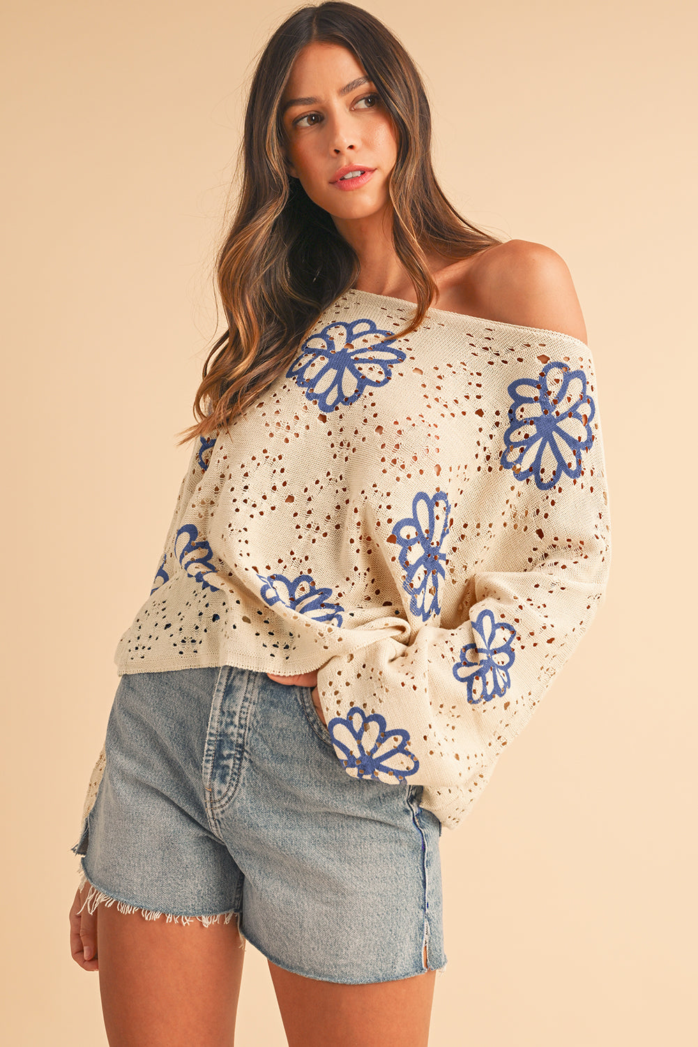 Beige Flower Print Drop Shoulder Hollow Knit Sweater Knit Tops 6bbd88de9d07adcb
